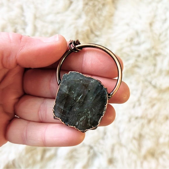 New Jade Green Slab Necklace | Natural Stone | Copper Color Finish | 24” - Picture 4 of 6